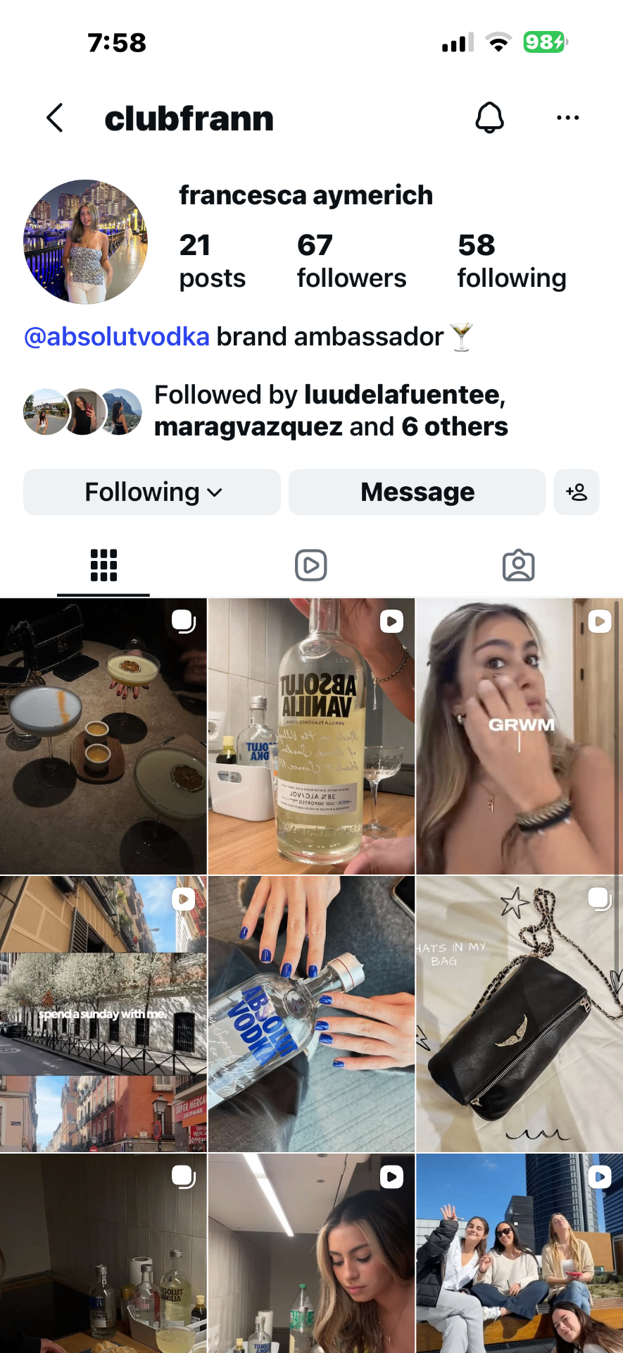 @clubfrann Instagram profile grid