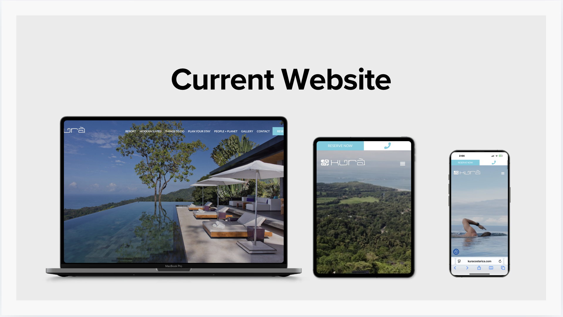 Current Kurà website on desktop, iPad, and mobile