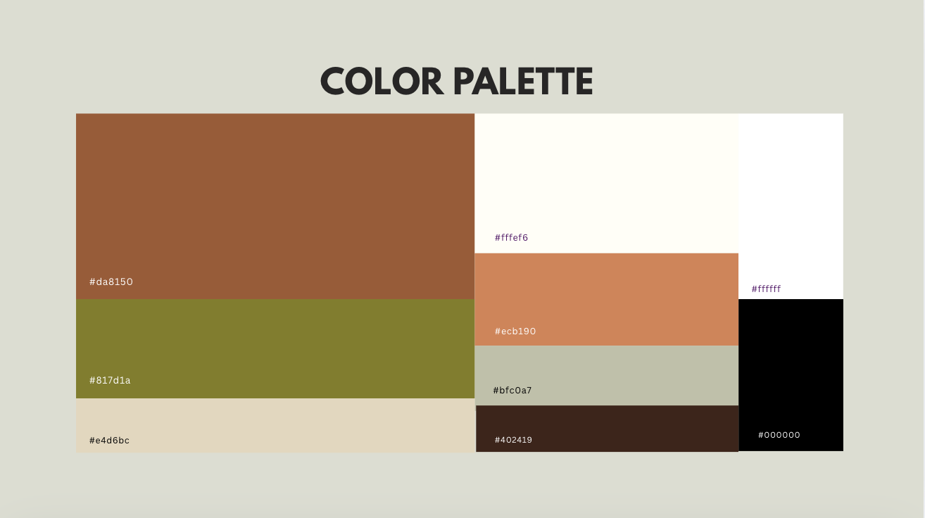Color palette — terracotta, olive, warm sand, deep brown