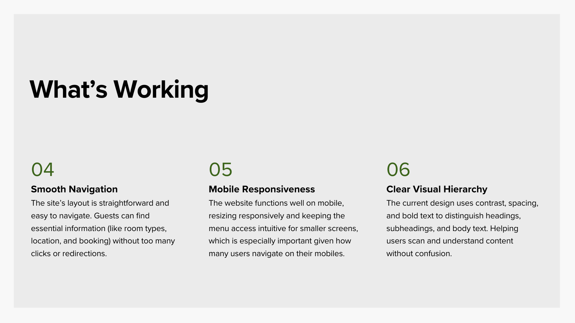What's working — Smooth Navigation, Mobile Responsiveness, Clear Visual Hierarchy
