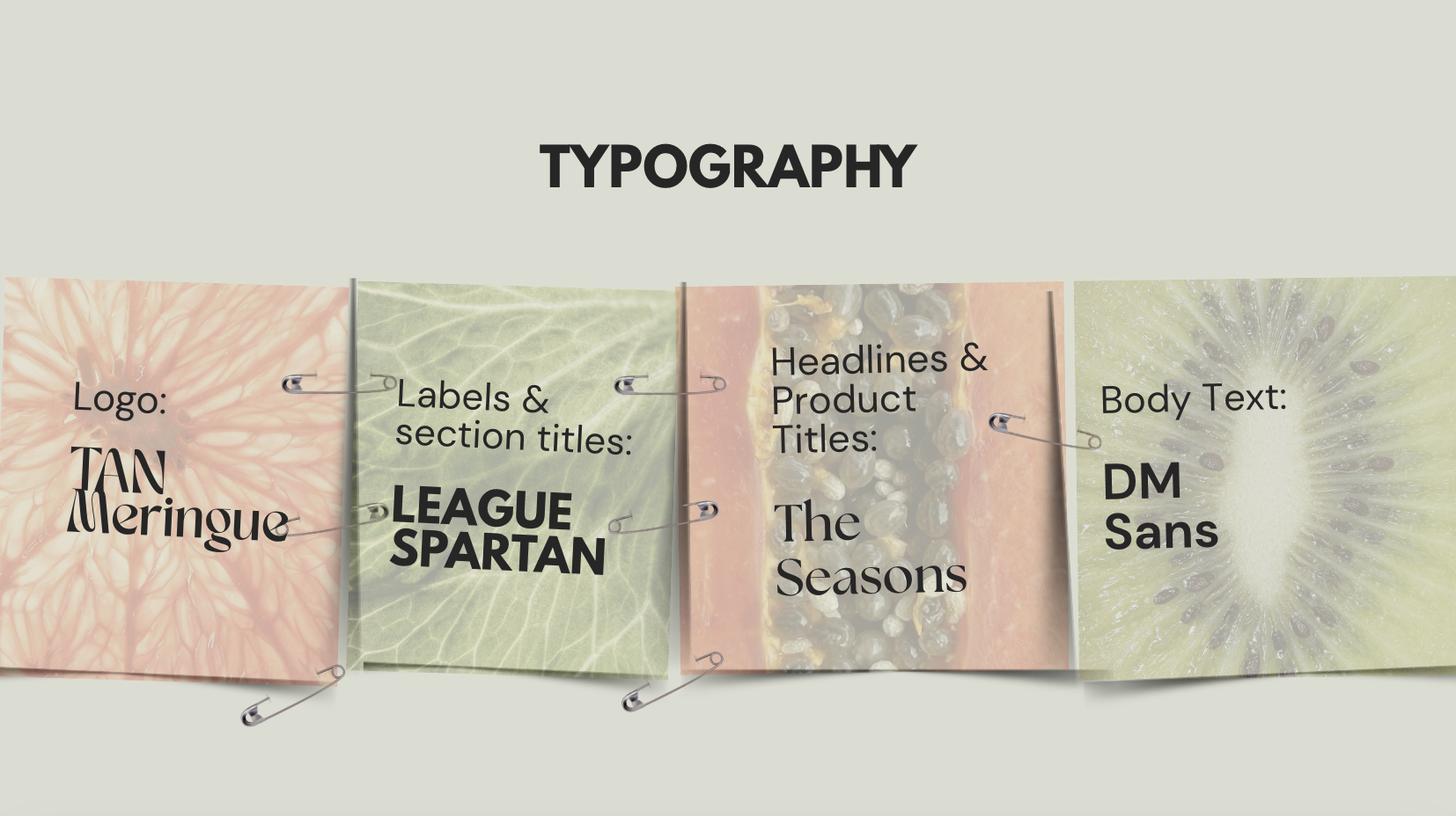 Typography system — Tan Meringue, League Spartan, The Seasons, DM Sans