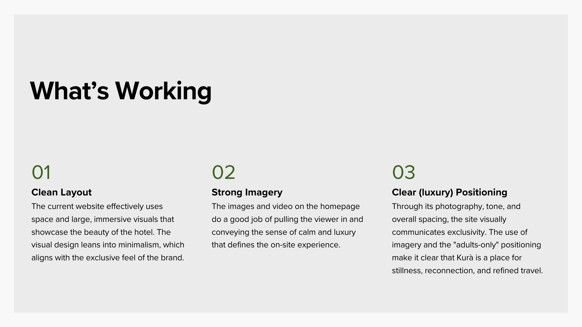 What's working — Clean Layout, Strong Imagery, Clear Luxury Positioning