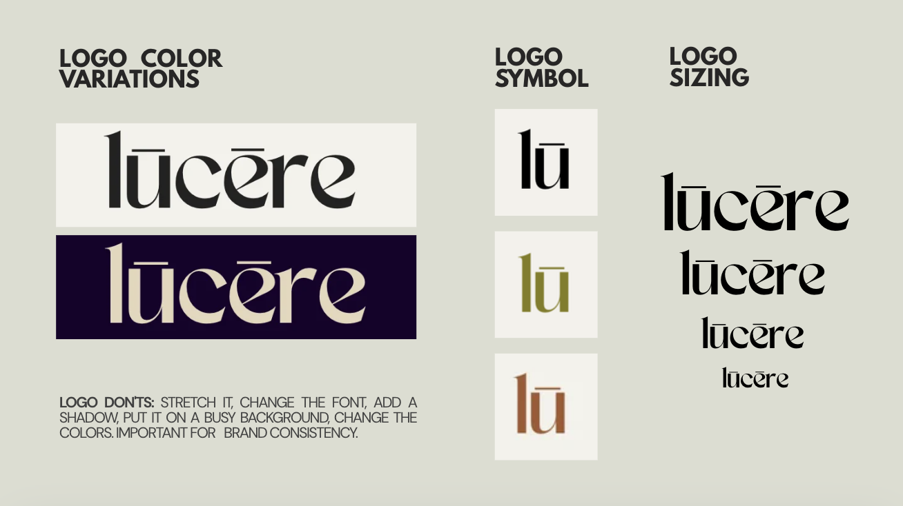 Visual identity — logo color variations, symbol, and sizing